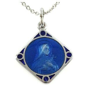 St Therese Blue Enamel Medal Pendant on Chain Necklace